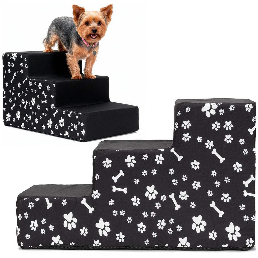 Scara pentru animale de companie, caini sau pisici, 3 trepte, antiderapanta, husa detasabila, inaltime 30 cm, negru cu decor alb
