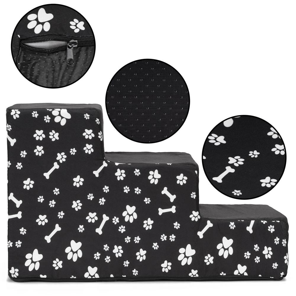 Scara pentru animale de companie, caini sau pisici, 3 trepte, antiderapanta, husa detasabila, inaltime 30 cm, negru cu decor alb