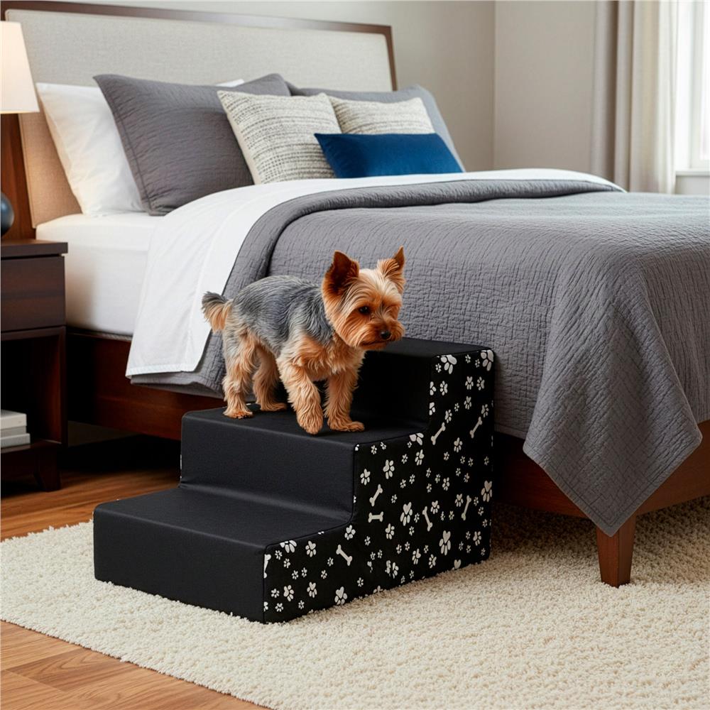 Scara pentru animale de companie, caini sau pisici, 3 trepte, antiderapanta, husa detasabila, inaltime 30 cm, negru cu decor alb