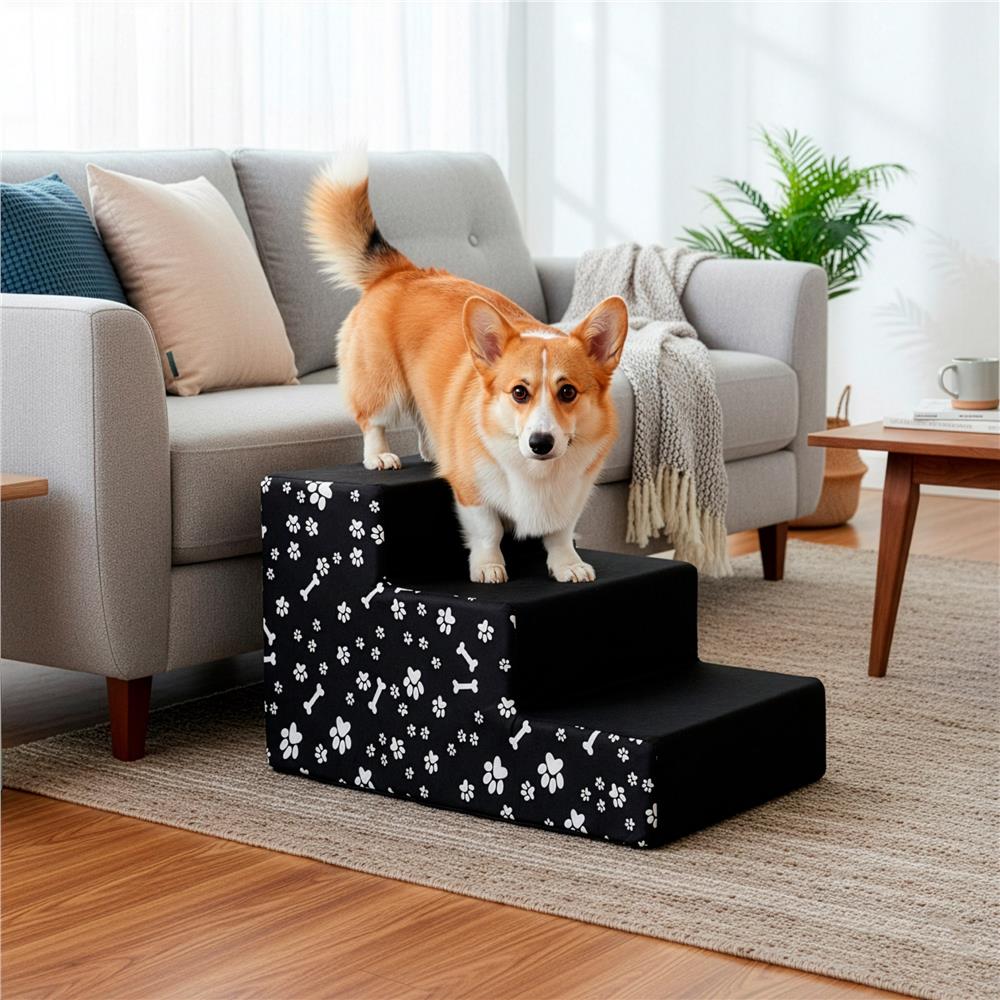 Scara pentru animale de companie, caini sau pisici, 3 trepte, antiderapanta, husa detasabila, inaltime 30 cm, negru cu decor alb