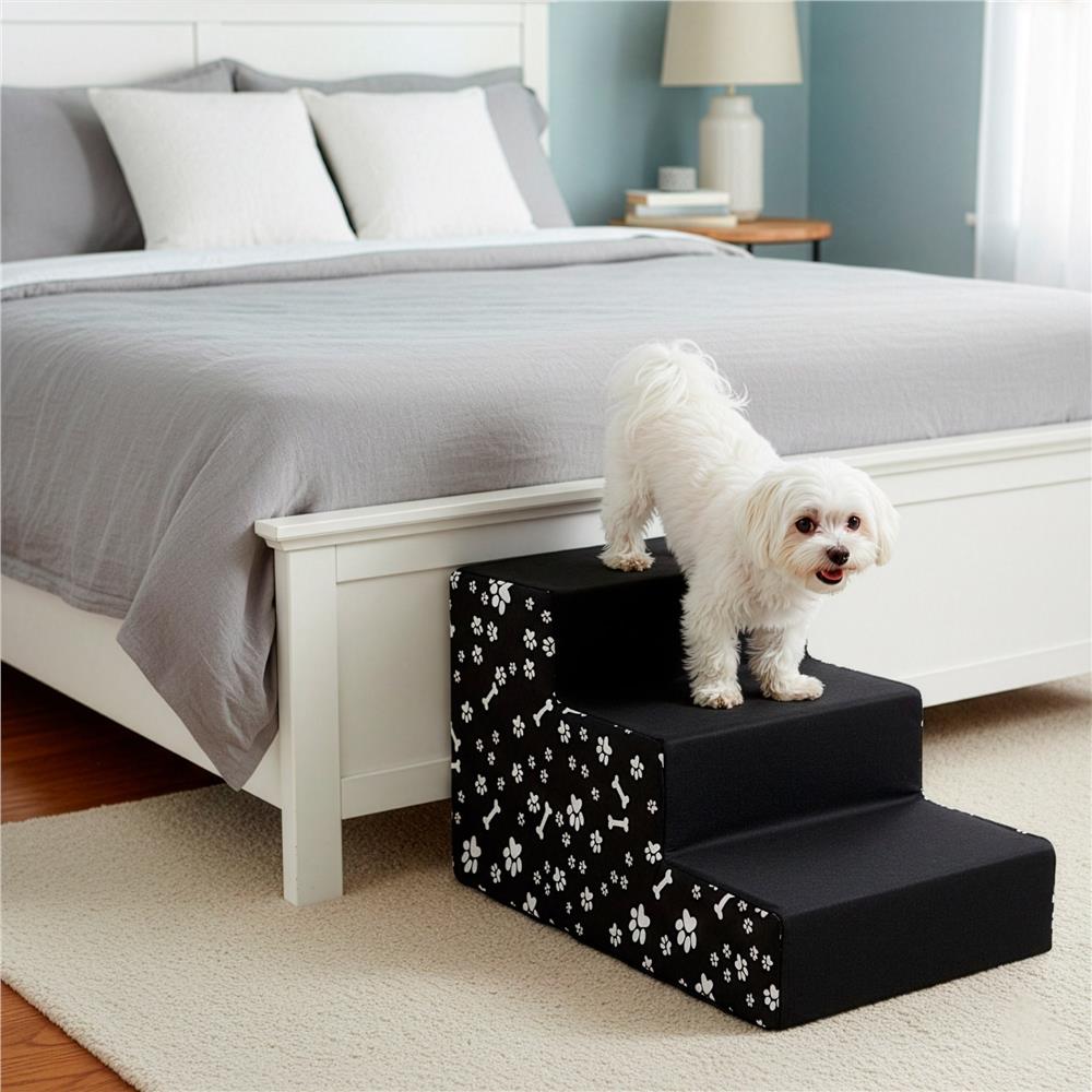 Scara pentru animale de companie, caini sau pisici, 3 trepte, antiderapanta, husa detasabila, inaltime 30 cm, negru cu decor alb