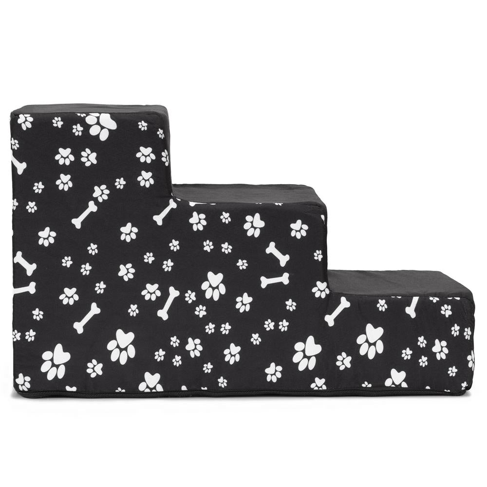 Scara pentru animale de companie, caini sau pisici, 3 trepte, antiderapanta, husa detasabila, inaltime 30 cm, negru cu decor alb