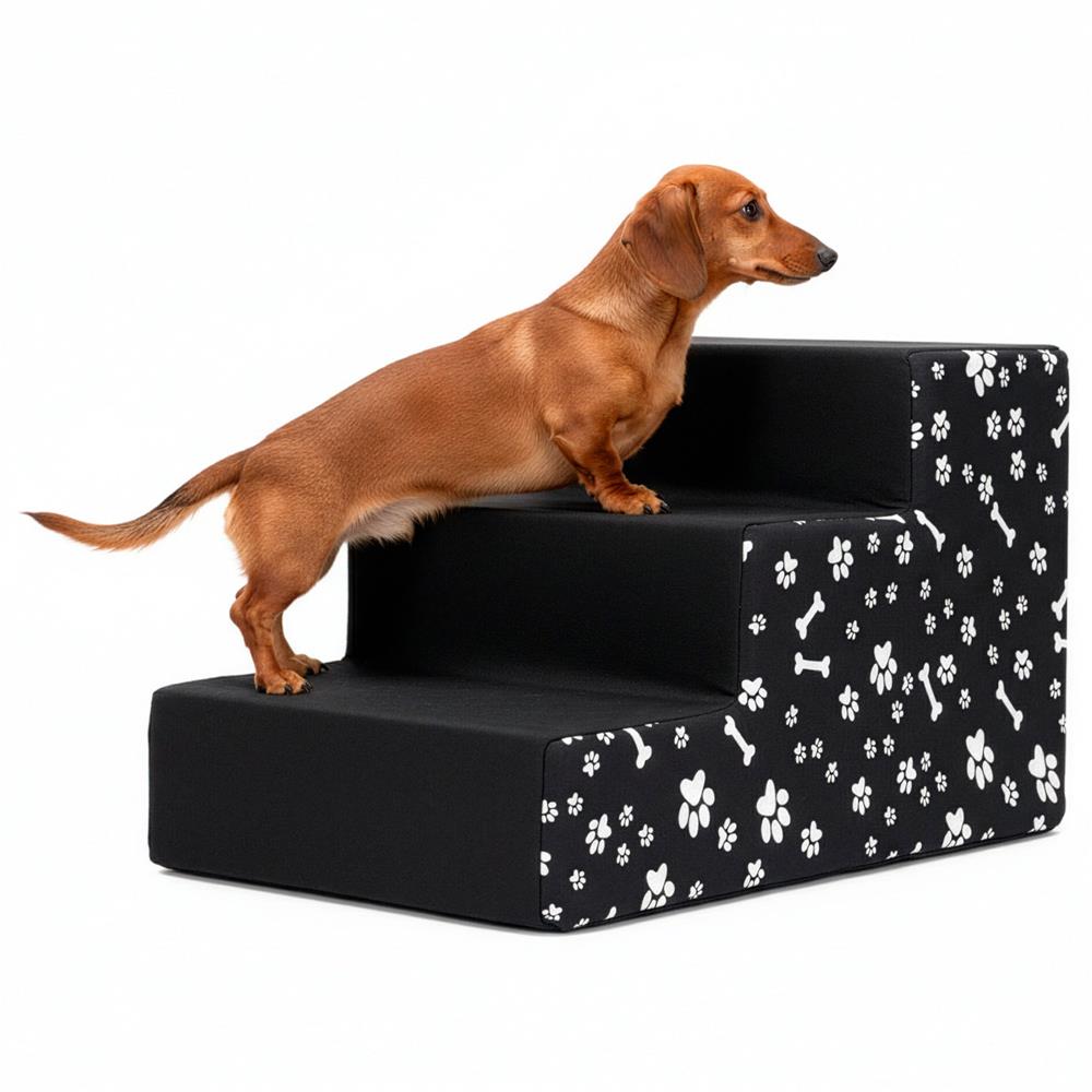 Scara pentru animale de companie, caini sau pisici, 3 trepte, antiderapanta, husa detasabila, inaltime 30 cm, negru cu decor alb