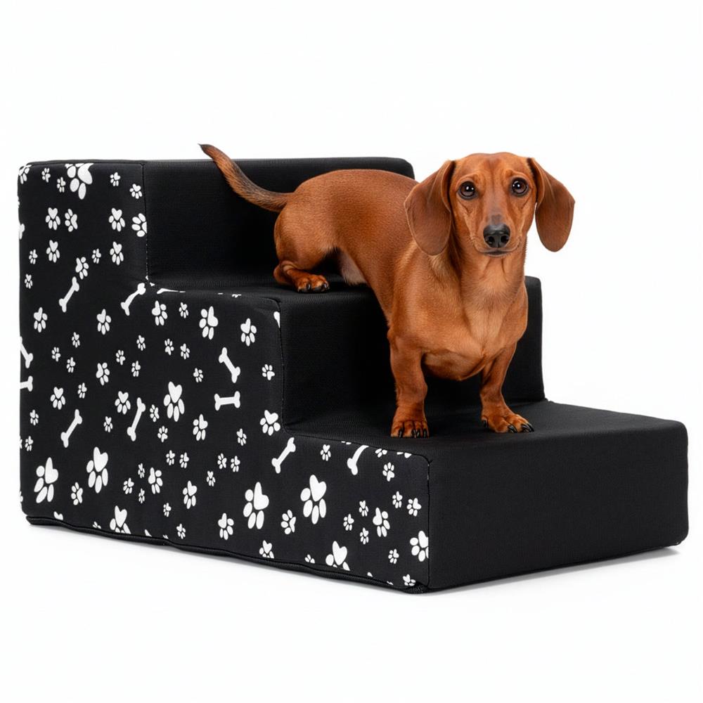 Scara pentru animale de companie, caini sau pisici, 3 trepte, antiderapanta, husa detasabila, inaltime 30 cm, negru cu decor alb