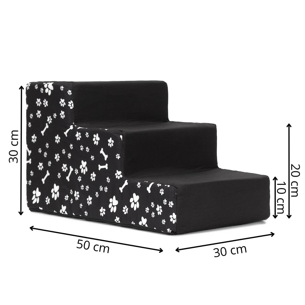 Scara pentru animale de companie, caini sau pisici, 3 trepte, antiderapanta, husa detasabila, inaltime 30 cm, negru cu decor alb