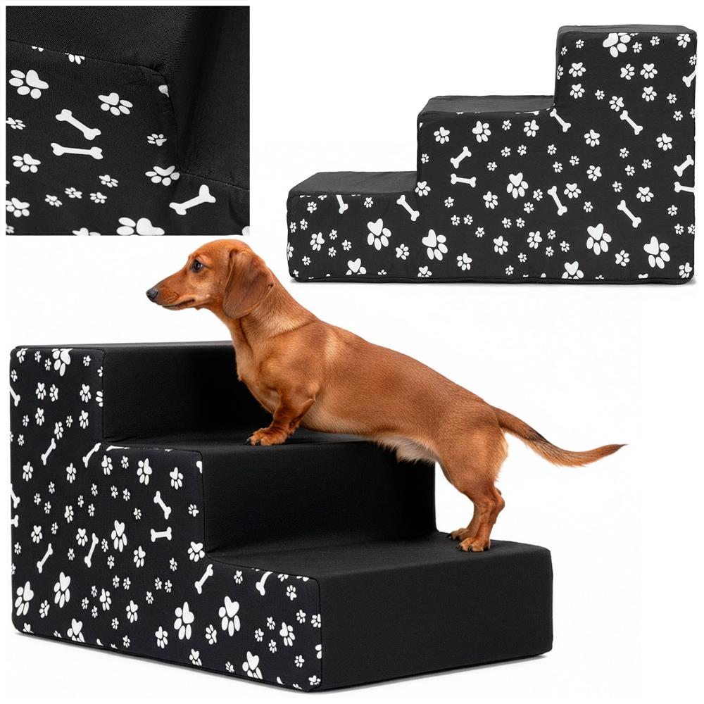 Scara pentru animale de companie, caini sau pisici, 3 trepte, antiderapanta, husa detasabila, inaltime 30 cm, negru cu decor alb