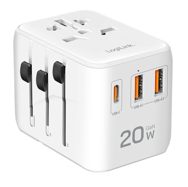ALIMENTATOR retea 220V LOGILINK, universal, 1 x USB-C, 2 x USB-A, maxim 12V/1.67A, PD 20W, suport OCP/OVP/OHP/SCP, compatibil EU/AUS/US/UK, alb, "PA0356"