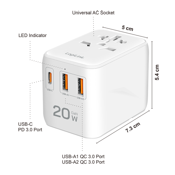 ALIMENTATOR retea 220V LOGILINK, universal, 1 x USB-C, 2 x USB-A, maxim 12V/1.67A, PD 20W, suport OCP/OVP/OHP/SCP, compatibil EU/AUS/US/UK, alb, "PA0356"