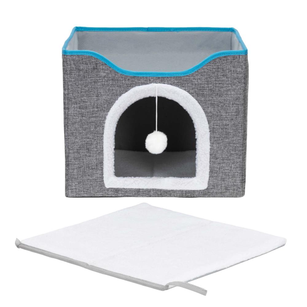 Casuta pentru pisici cu platforma si jucarie suspendata, structura din lemn si husa textila, 42x41x34 cm, gri
