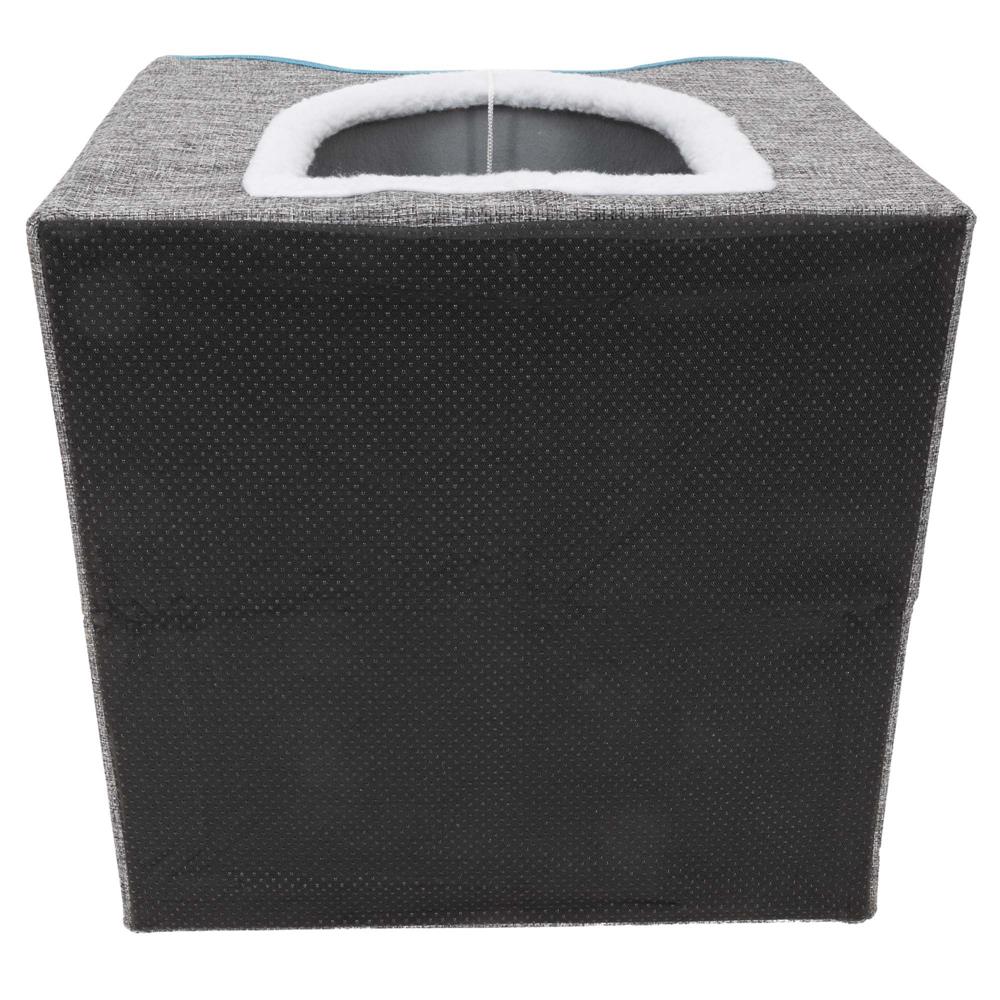 Casuta pentru pisici cu platforma si jucarie suspendata, structura din lemn si husa textila, 42x41x34 cm, gri