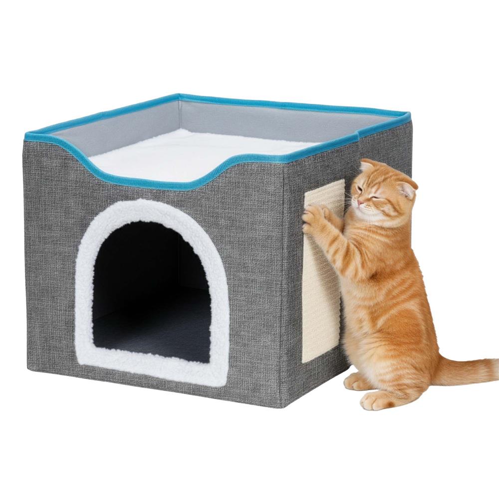 Casuta pentru pisici cu platforma si jucarie suspendata, structura din lemn si husa textila, 42x41x34 cm, gri