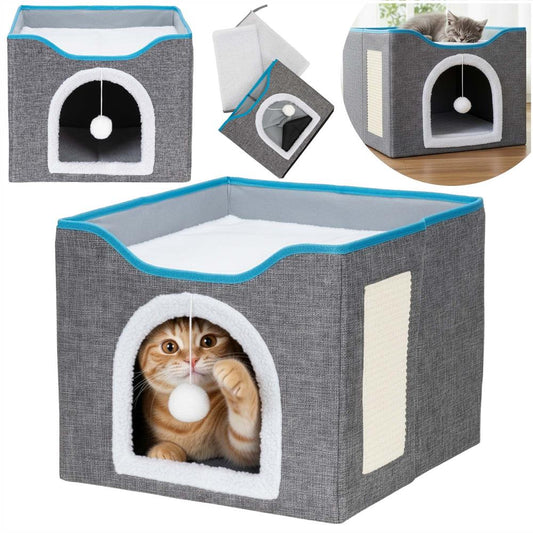 Casuta pentru pisici cu platforma si jucarie suspendata, structura din lemn si husa textila, 42x41x34 cm, gri - 3