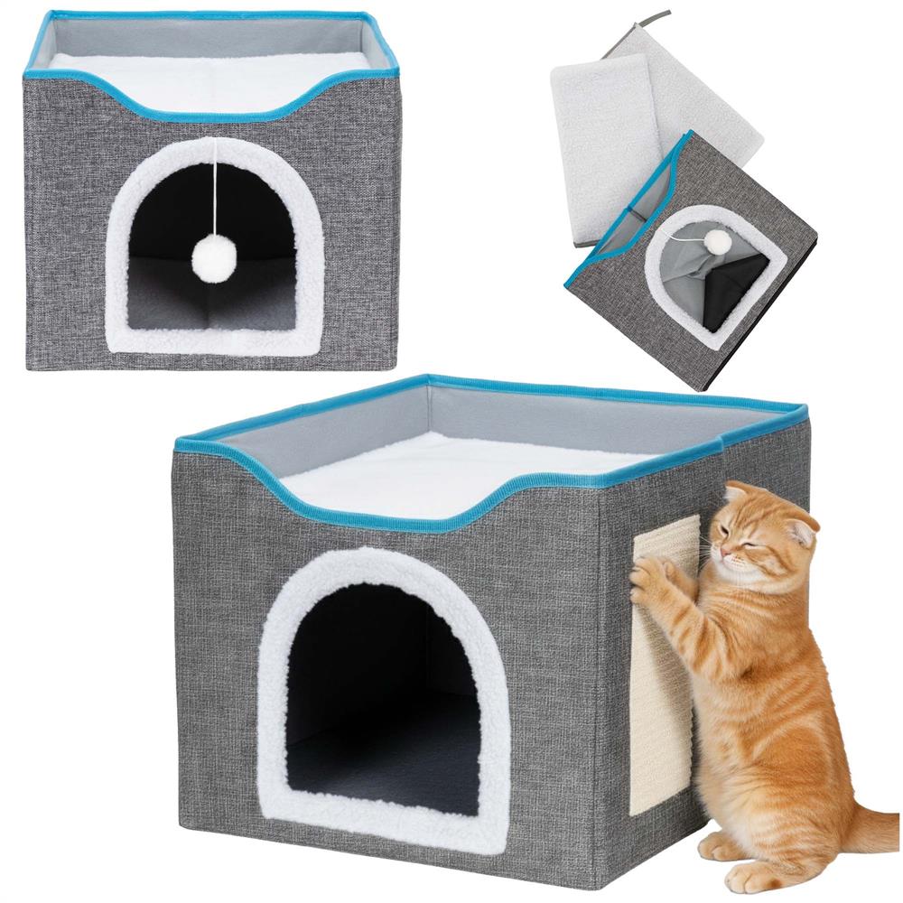 Casuta pentru pisici cu platforma si jucarie suspendata, structura din lemn si husa textila, 42x41x34 cm, gri
