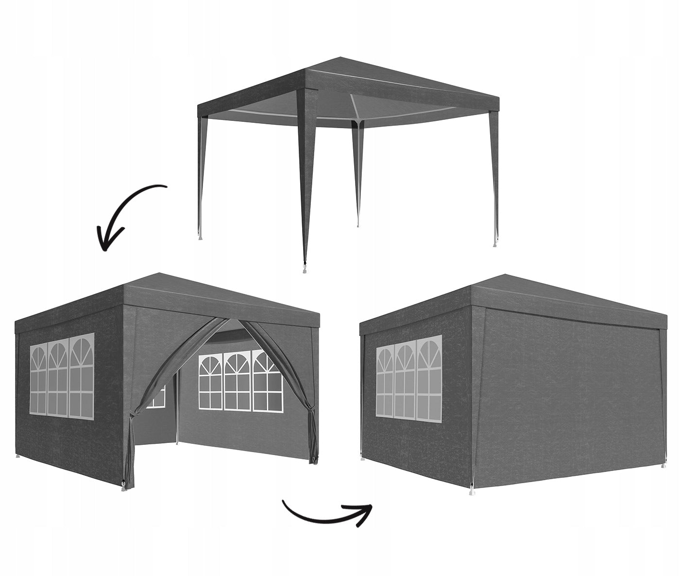 Set 4 pereti laterali pentru pavilion gradina, impermeabili, 3x2 m, cu ferestre si intrare cu fermoar, gri
