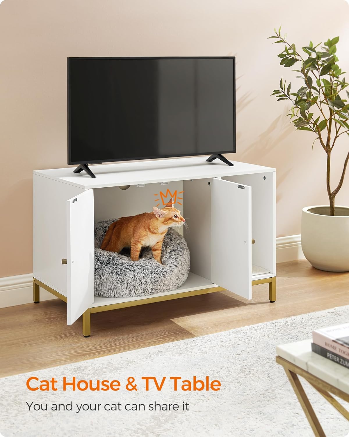 FEANDREA Dulap mascat pentru litiera pisici, cu cadru metalic auriu, 80x50x55 cm, alb