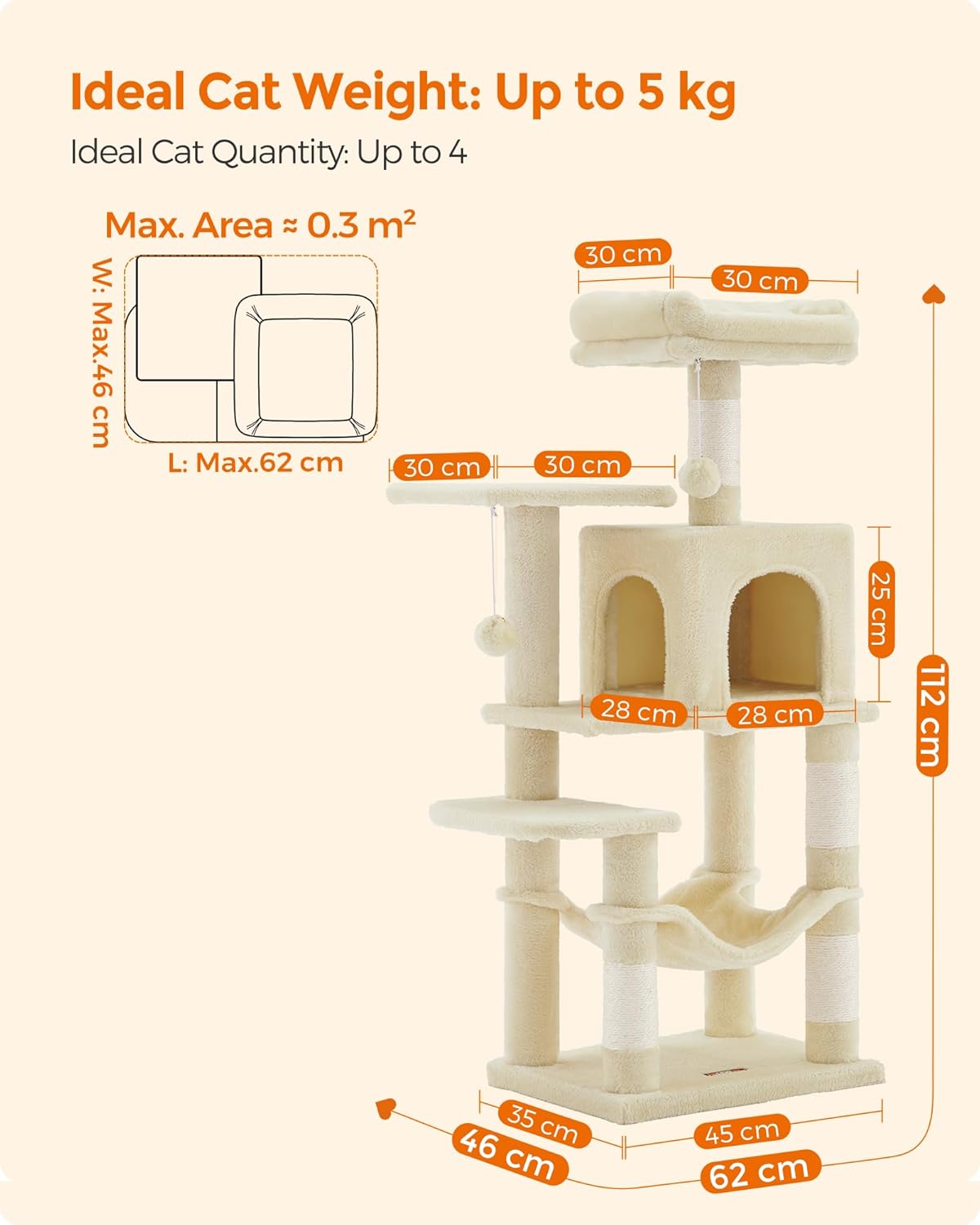 FEANDREA Ansamblu de joaca pentru pisici cu 2 platforme, 1 culcus, hamac si 4 stalpi sisal, 45x35x112 cm, bej