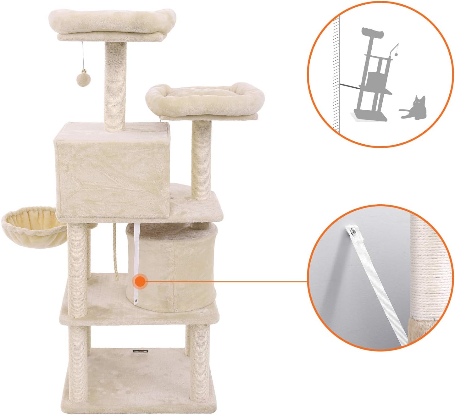FEANDREA Ansamblu de joaca pentru pisici 152 cm cu stalpi sisal, 2 casute, cos plus si platforme, bej