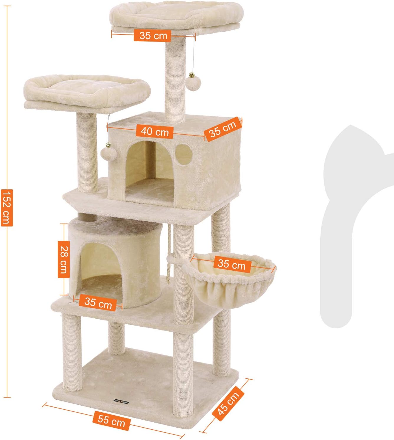 FEANDREA Ansamblu de joaca pentru pisici 152 cm cu stalpi sisal, 2 casute, cos plus si platforme, bej