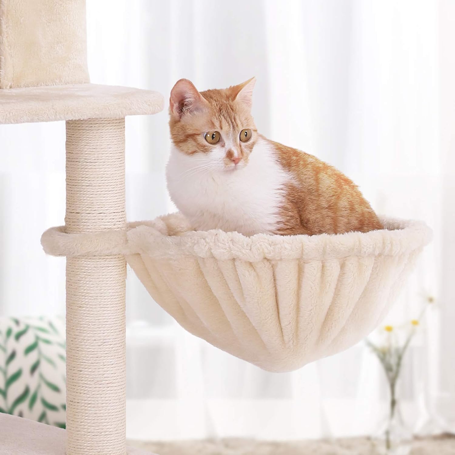 FEANDREA Ansamblu de joaca pentru pisici 152 cm cu stalpi sisal, 2 casute, cos plus si platforme, bej