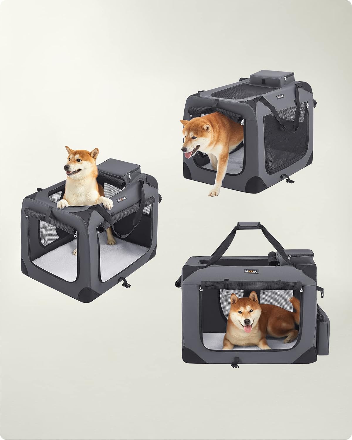 FEANDREA Geanta transport animale de companie, pliabila, cu cadru metalic, saltea inclusa, marime L, 70x52x52 cm, gri