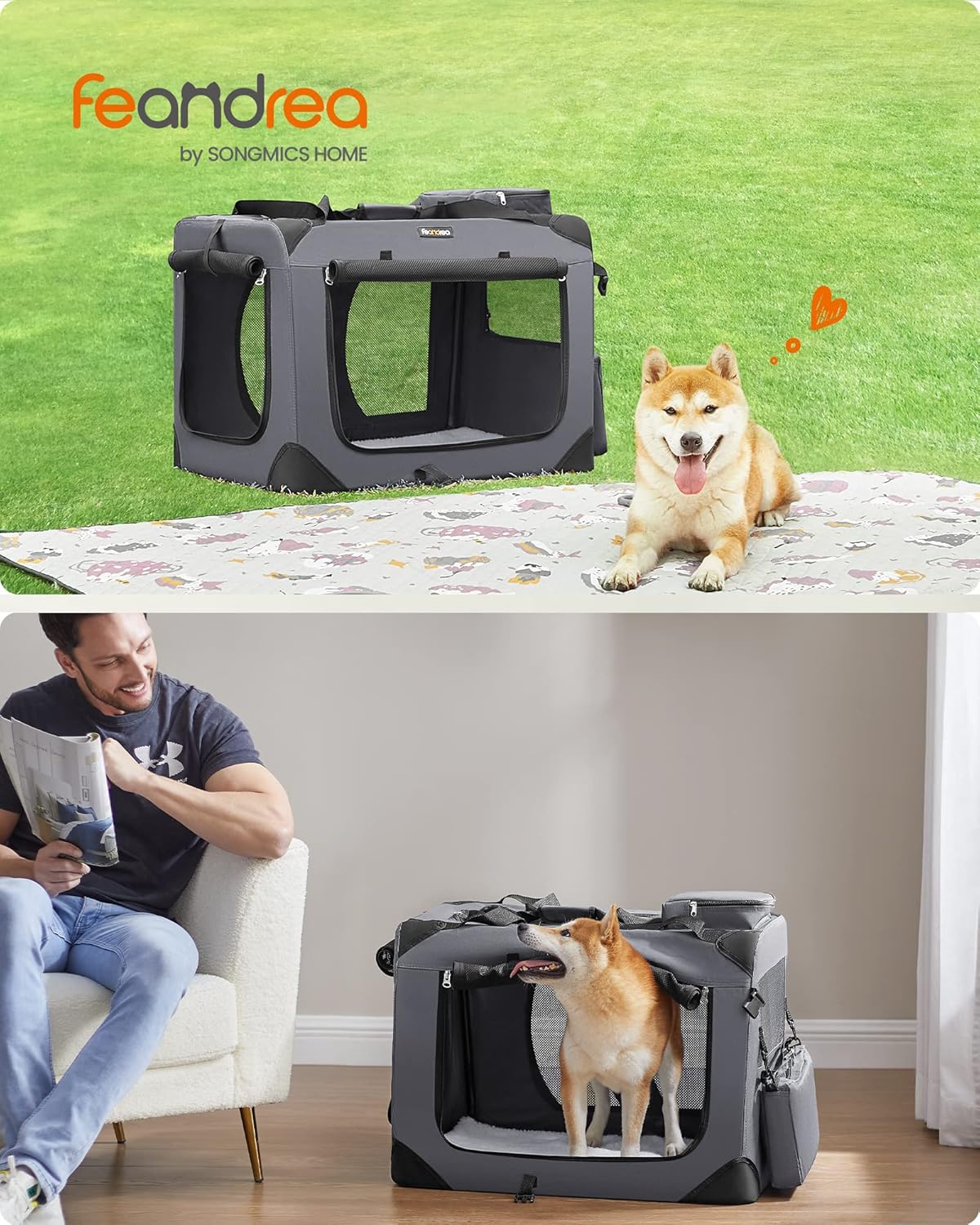 FEANDREA Geanta transport animale de companie, pliabila, cu cadru metalic, saltea inclusa, marime L, 70x52x52 cm, gri