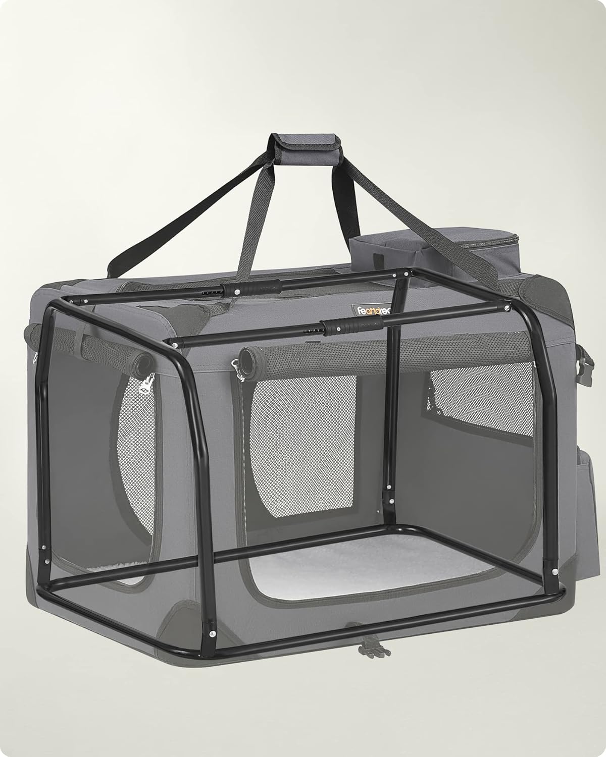 FEANDREA Geanta transport animale de companie, pliabila, cu cadru metalic, saltea inclusa, marime L, 70x52x52 cm, gri