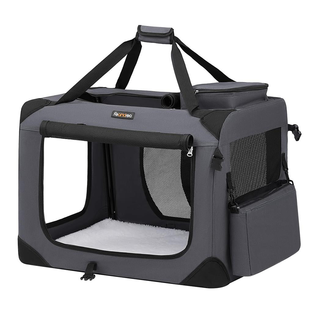 FEANDREA Geanta transport animale de companie, pliabila, cu cadru metalic, saltea inclusa, marime L, 70x52x52 cm, gri