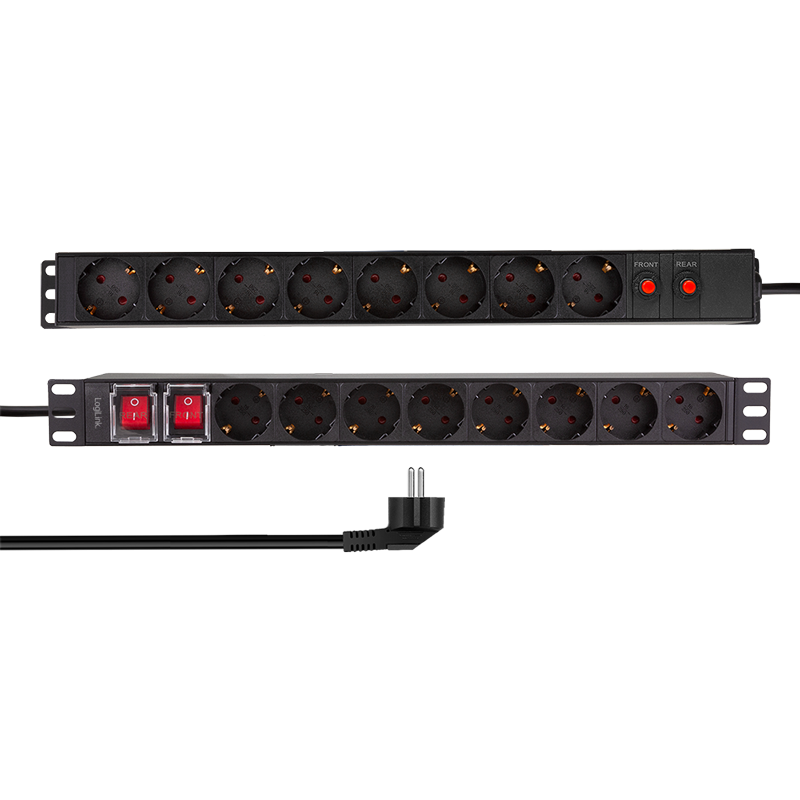 PDU LOGILINK 1U pt. rack 19 inch, 16 prize Schuko, intrare Schuko, max 16 A, dispuse 8 schuko front + 8 schuko back, ON/OFF x 2, prot. Suprasarcina, 2 m, negru, "PDU1601"