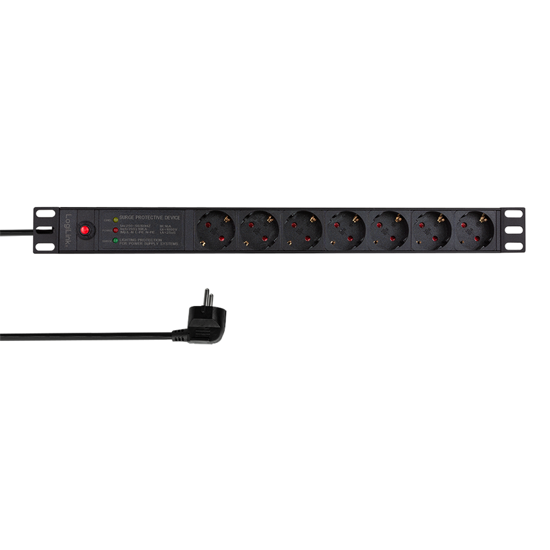 PDU LOGILINK 1U pt. rack 19 inch, 7 prize Schuko, intrare Schuko, max 16 A, ON/OFF, prot. suprasarcina, filtru de linie, IP20, 2 m, negru, "PDU7C02"