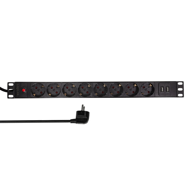 PDU LOGILINK 1U pt. rack 19 inch, 8 prize Schuko, intrare Schuko, max 16 A, on/off, protectie la supratensiune, 2 x USB 2.1A, 2 m, "PDU8C02"