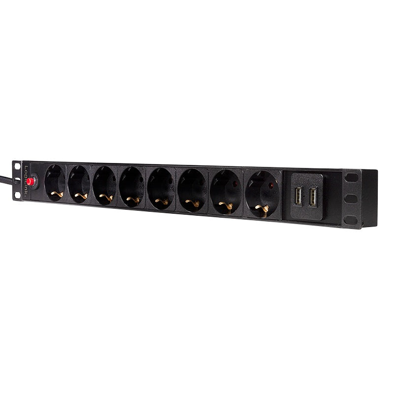 PDU LOGILINK 1U pt. rack 19 inch, 8 prize Schuko, intrare Schuko, max 16 A, on/off, protectie la supratensiune, 2 x USB 2.1A, 2 m, "PDU8C02"