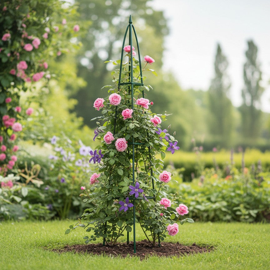 Pergola gradina piramidala pentru plante cataratoare, structura otel, 31x31x200 cm, verde inchis