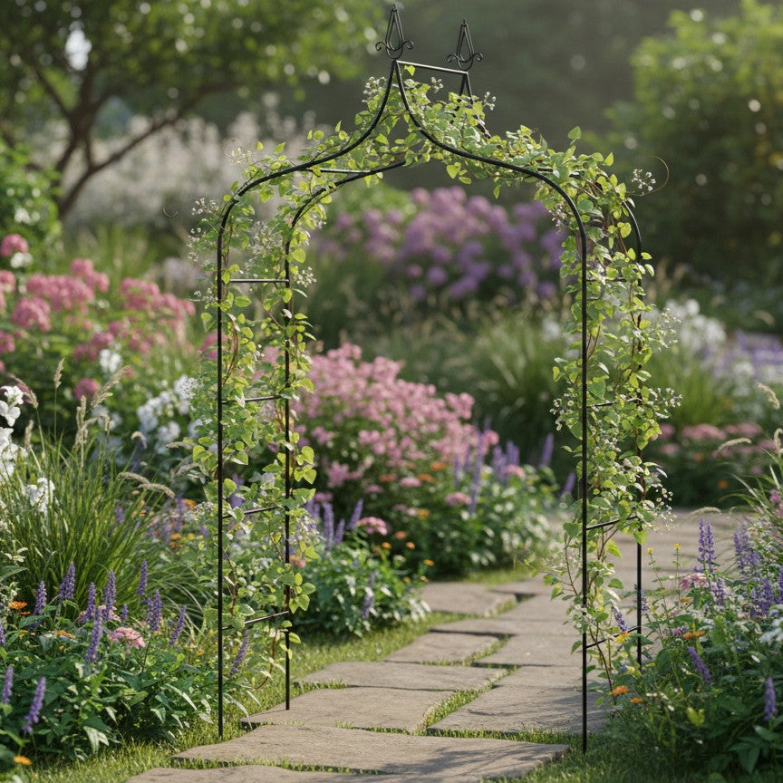 Pergola gradina, metalica cu varfuri decorative, structura otel, 150x37x240 cm, negru