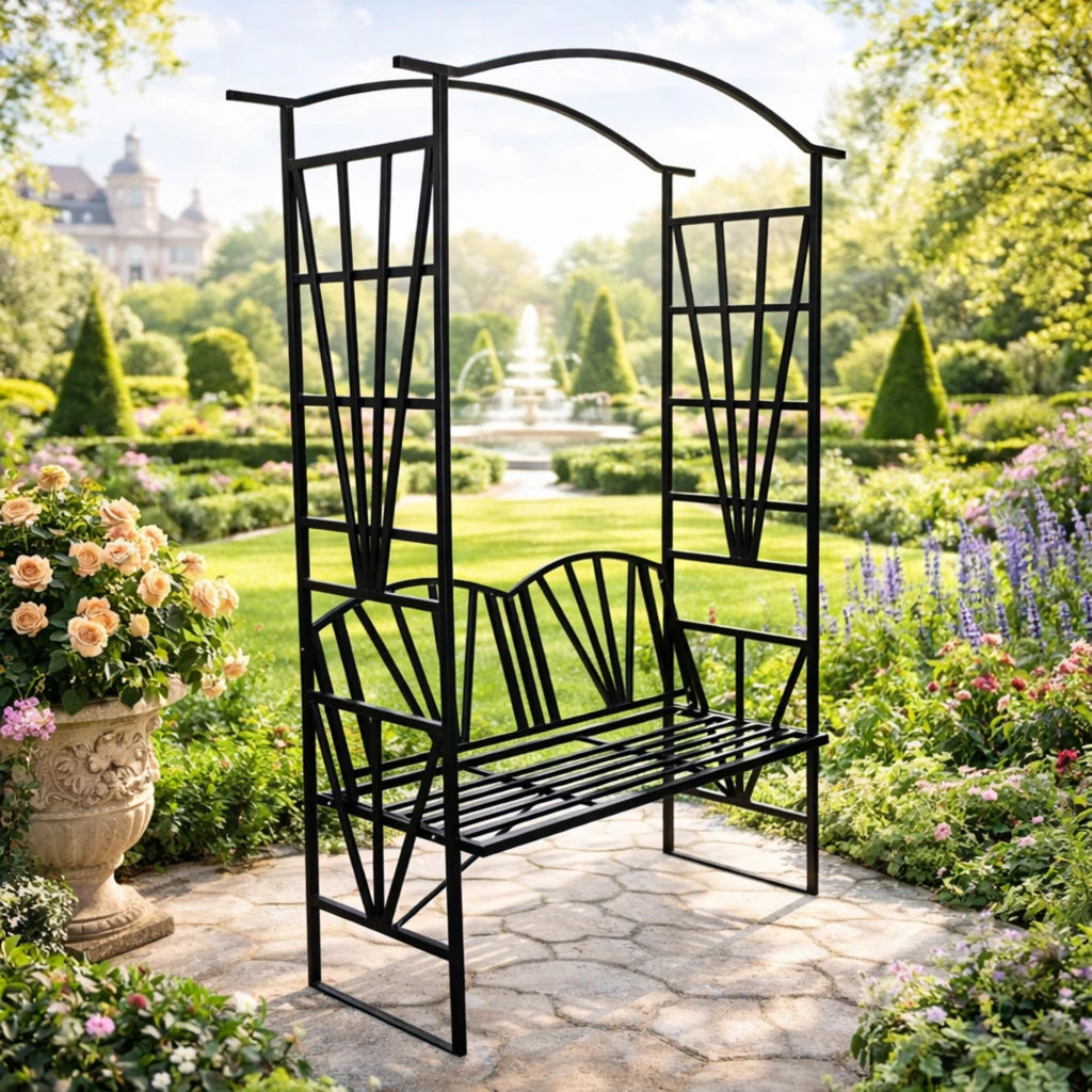 Pergola pentru gradina cu banca, suport plante cataratoare, structura otel, 114x45x208 cm, negru