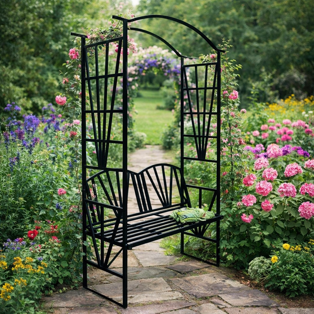 Pergola pentru gradina cu banca, suport plante cataratoare, structura otel, 114x45x208 cm, negru
