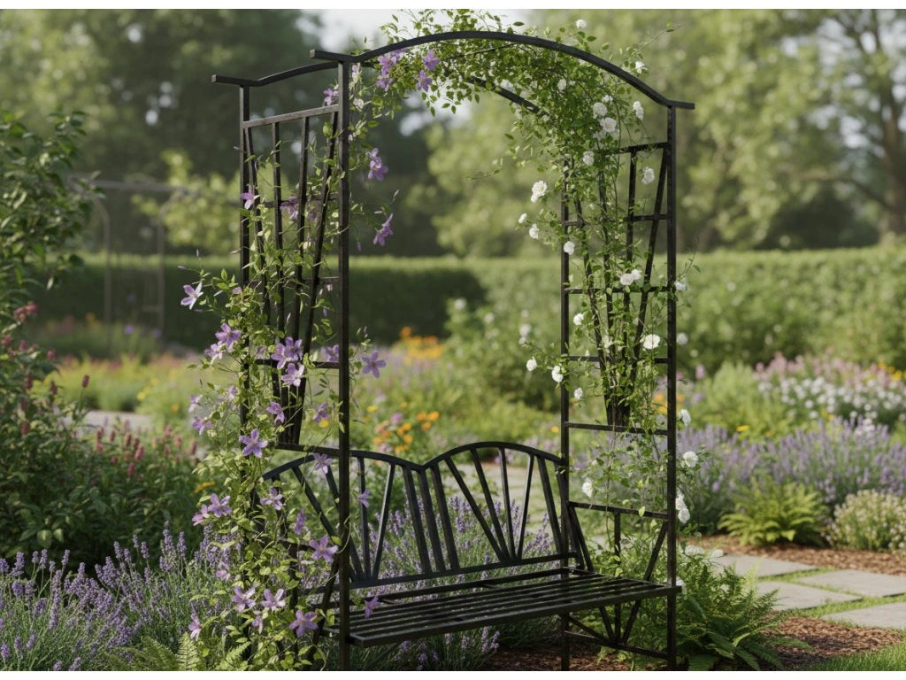 Pergola pentru gradina cu banca, suport plante cataratoare, structura otel, 114x45x208 cm, negru