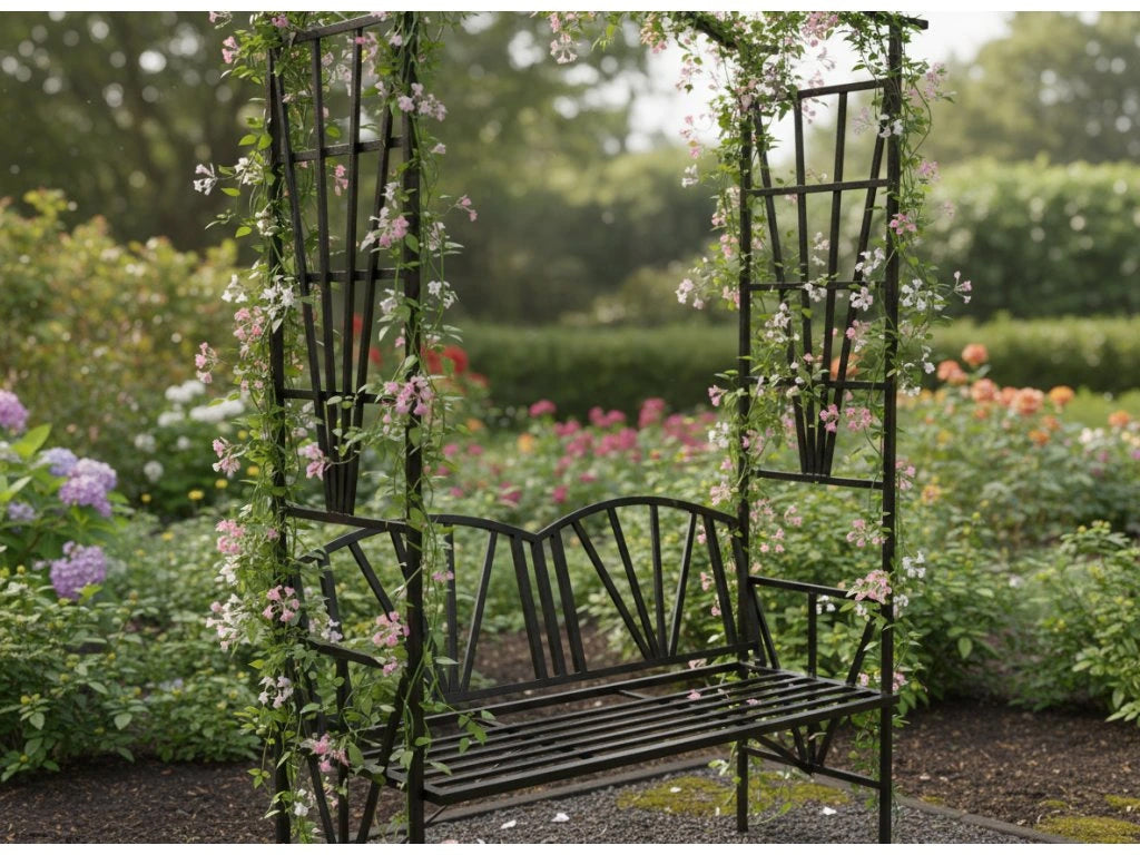 Pergola pentru gradina cu banca, suport plante cataratoare, structura otel, 114x45x208 cm, negru