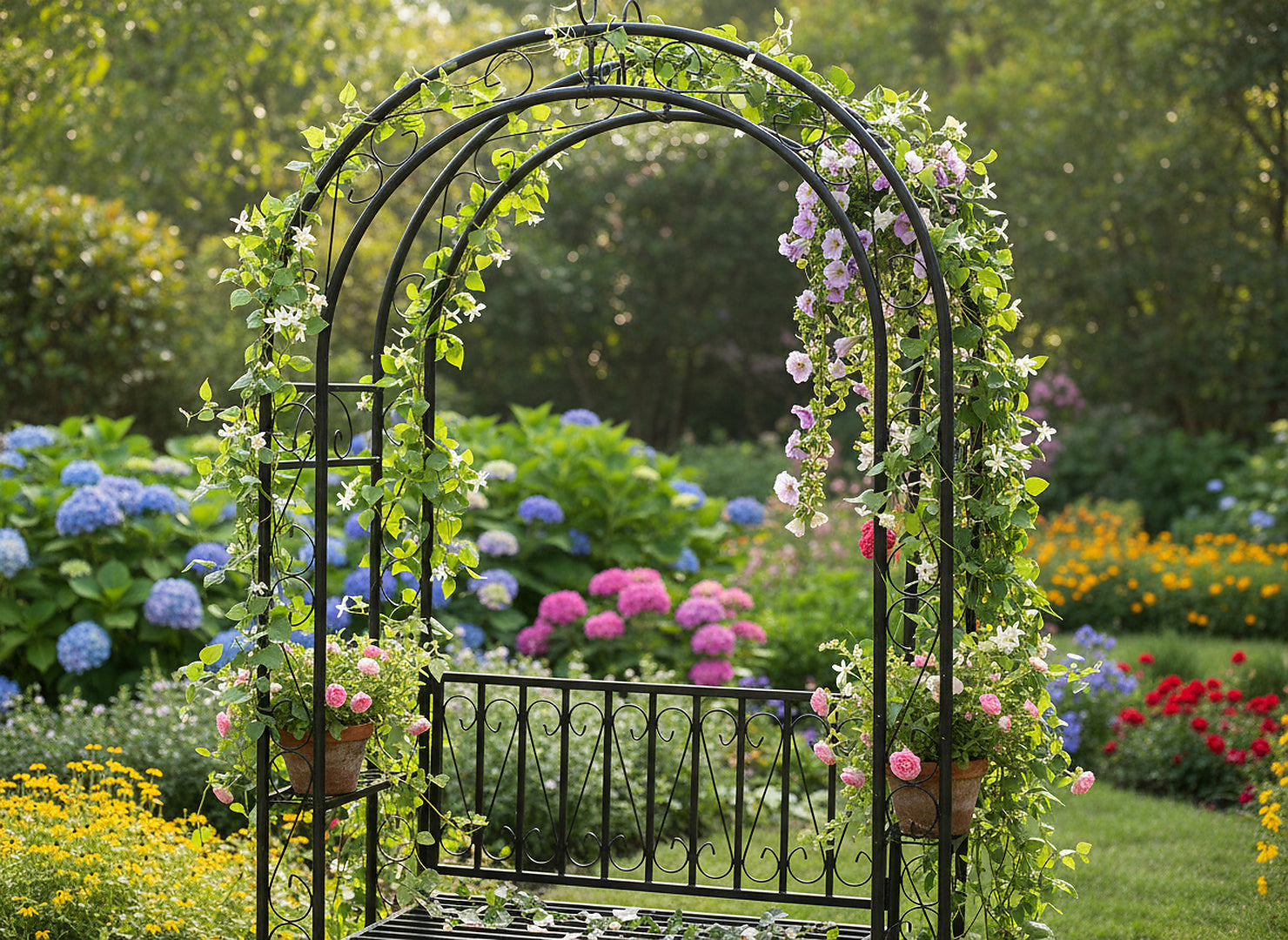 Pergola decorativa pentru gradina cu banca, suport plante cataratoare, structura otel, 130x48x238 cm, negru