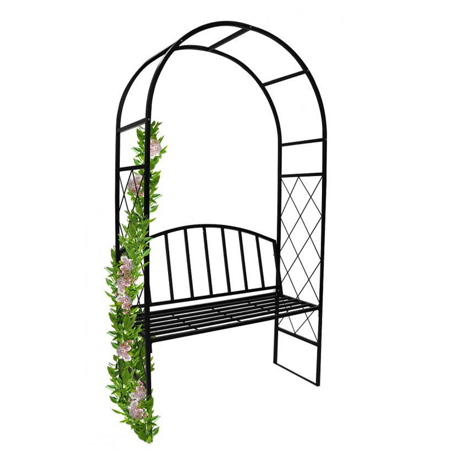Pergola pentru gradina cu banca, structura otel, design arcuit, 115x45x208 cm, negru
