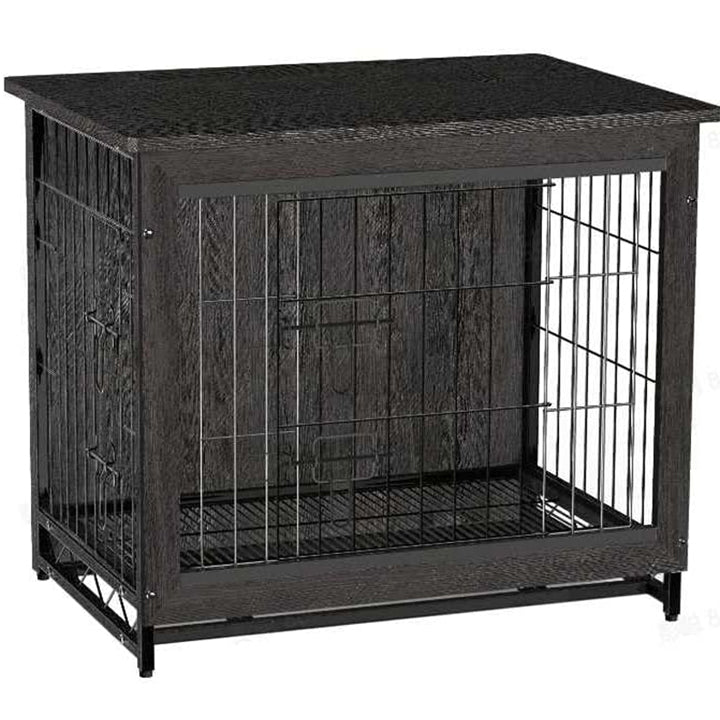 FEANDREA Cusca mobilier pentru caini mari, masa laterala cu 2 usi si tava detasabila, otel si PAL, 112x75x80 cm, negru