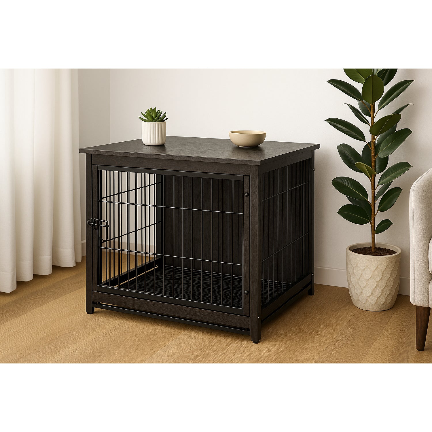 FEANDREA Cusca mobilier pentru caini mari, masa laterala cu 2 usi si tava detasabila, otel si PAL, 112x75x80 cm, negru