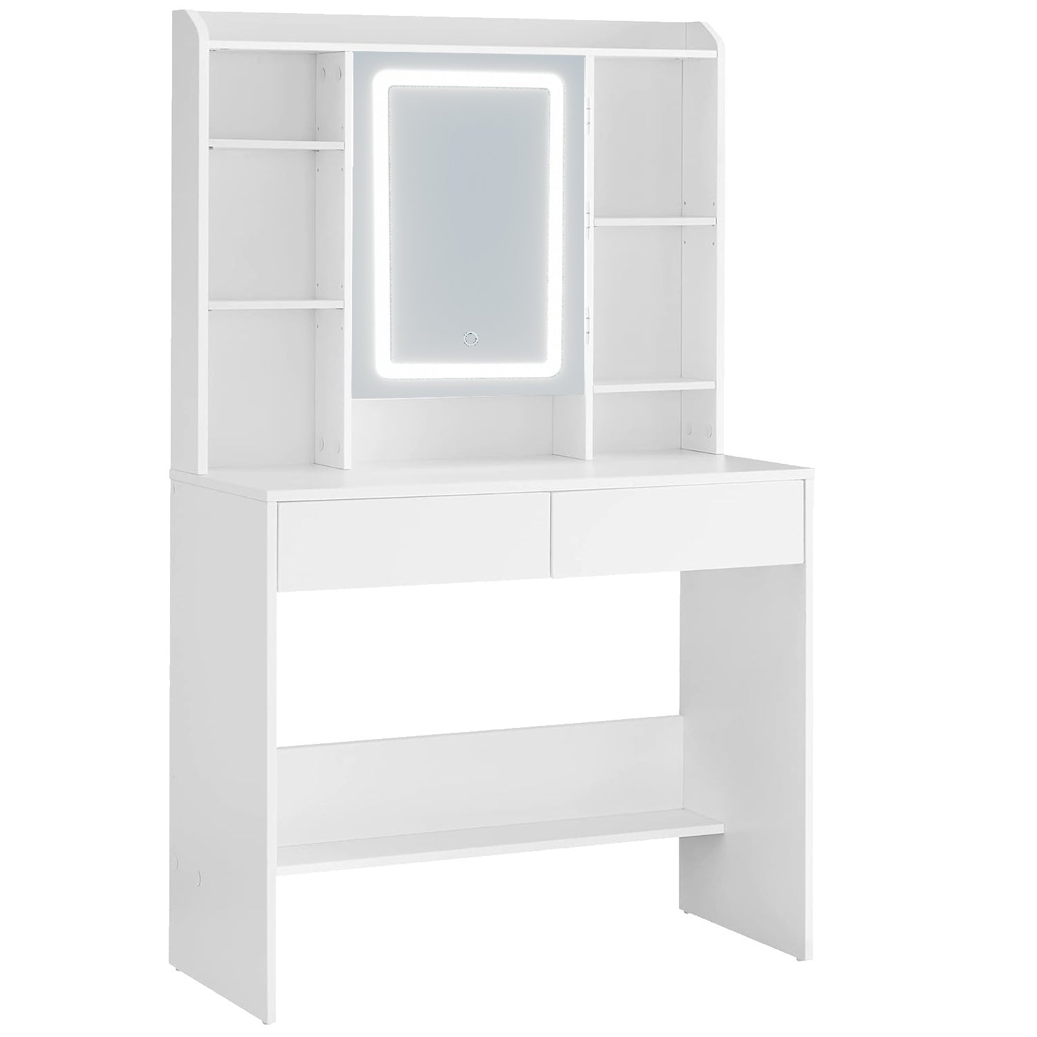 Masa de toaleta cu oglinda, iluminare LED reglabila, 2 sertare, MDF, 90x40x145 cm, alb