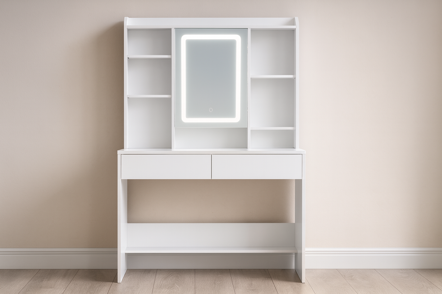 Masa de toaleta cu oglinda, iluminare LED reglabila, 2 sertare, MDF, 90x40x145 cm, alb