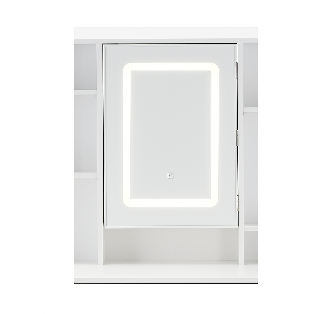 Masa de toaleta cu oglinda, iluminare LED reglabila, 2 sertare, MDF, 90x40x145 cm, alb