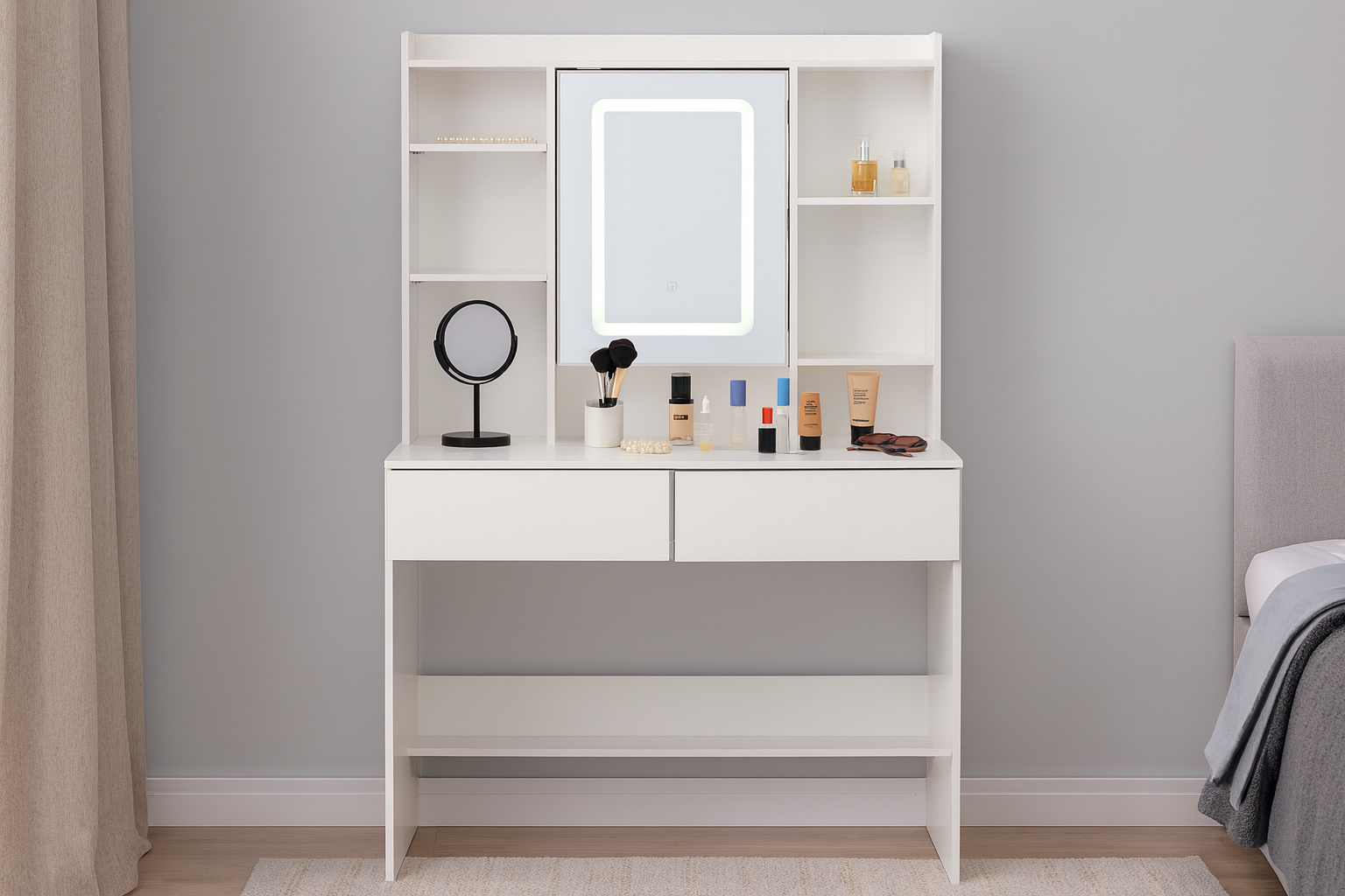 Masa de toaleta cu oglinda, iluminare LED reglabila, 2 sertare, MDF, 90x40x145 cm, alb