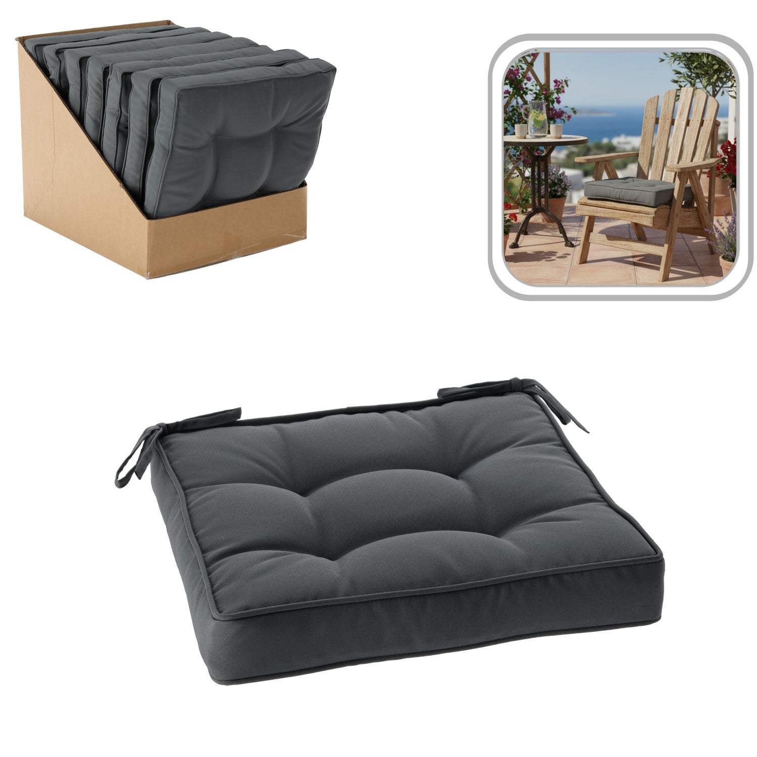 Perna scaun 40x40x6 cm, colturi drepte, poliester impermeabil, cu prindere, gri inchis