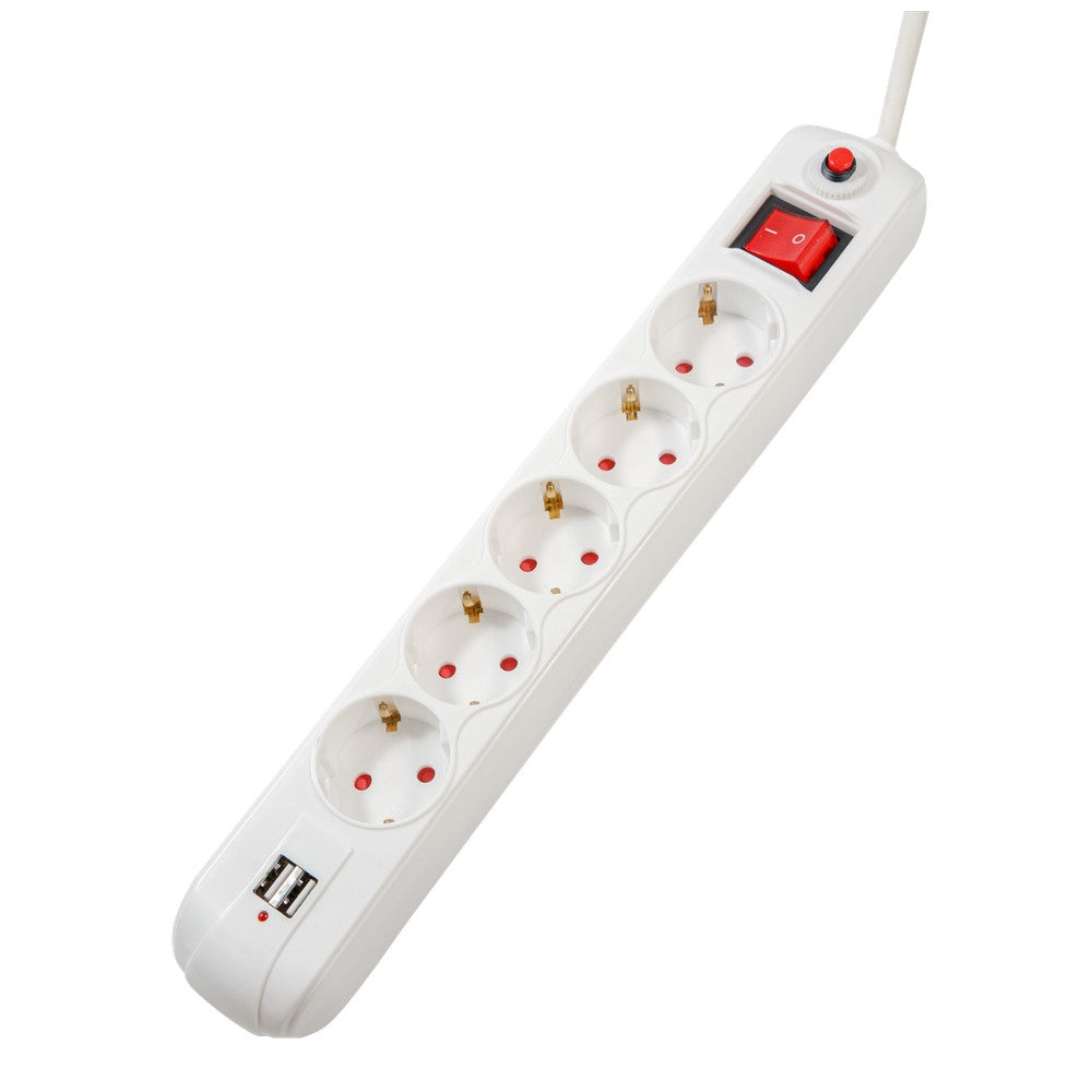 PRELUNGITOR SPACER, Schuko x 5, conectare prin Schuko (T), USB x 2, cablu 1.8 m, 16 A, max. 3500W, protectie supratensiune, alb, 45506867 "PP-5-18 USB"