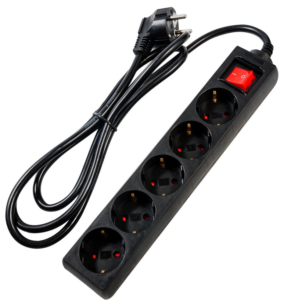 PRELUNGITOR SPACER, Schuko x 5, conectare prin Schuko (T), cablu 1.8 m, 16 A, max. 3500W, protectie supratensiune, protectie copii, negru, "PP-5-18 v2"