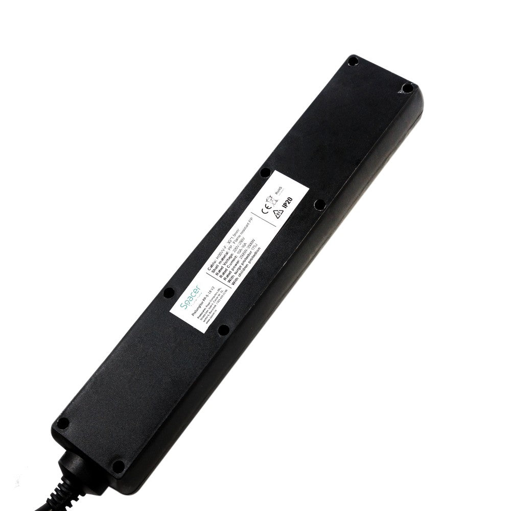 PRELUNGITOR SPACER, Schuko x 5, conectare prin Schuko (T), cablu 1.8 m, 16 A, max. 3500W, protectie supratensiune, protectie copii, negru, "PP-5-18 v2"