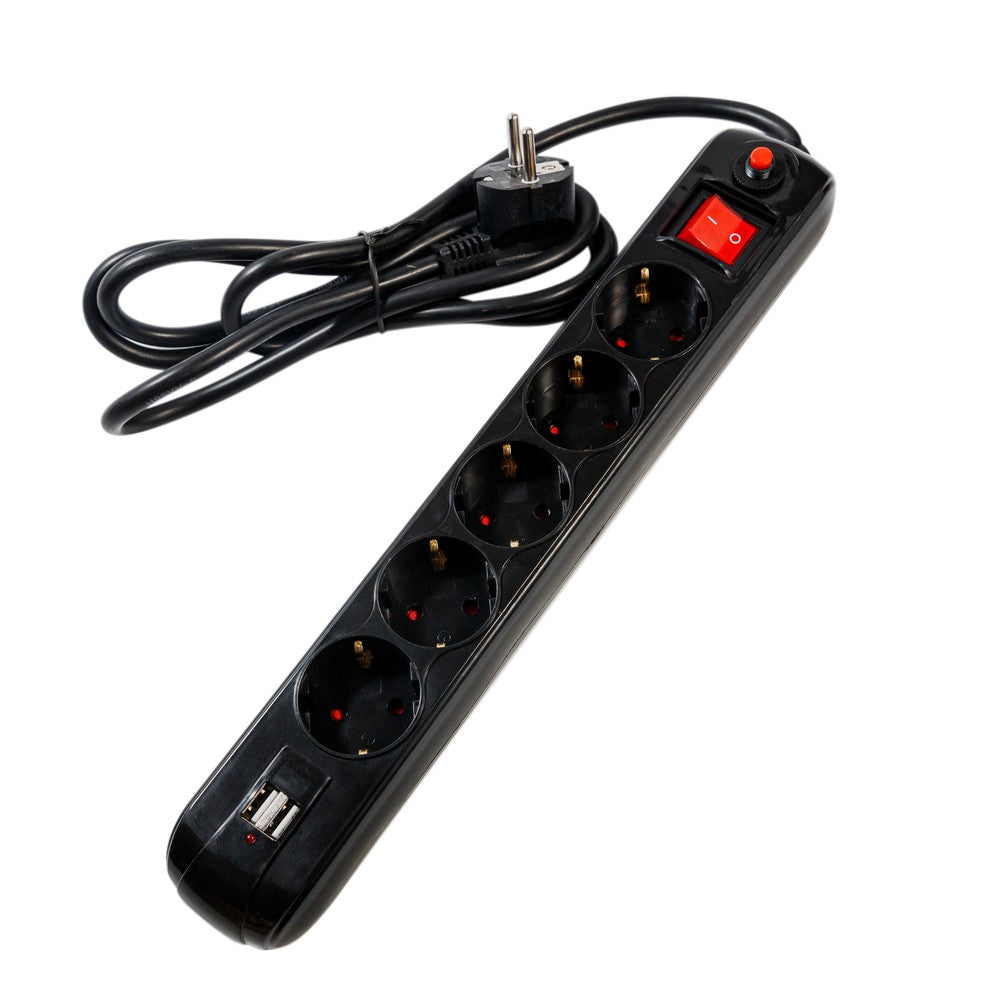 PRELUNGITOR SPACER, Schuko x 5, conectare prin Schuko (T), USB x 2, cablu 1.8 m, 16 A, max. 3500W, protectie supratensiune, negru, 45506867 "PP-5-18B-USB"